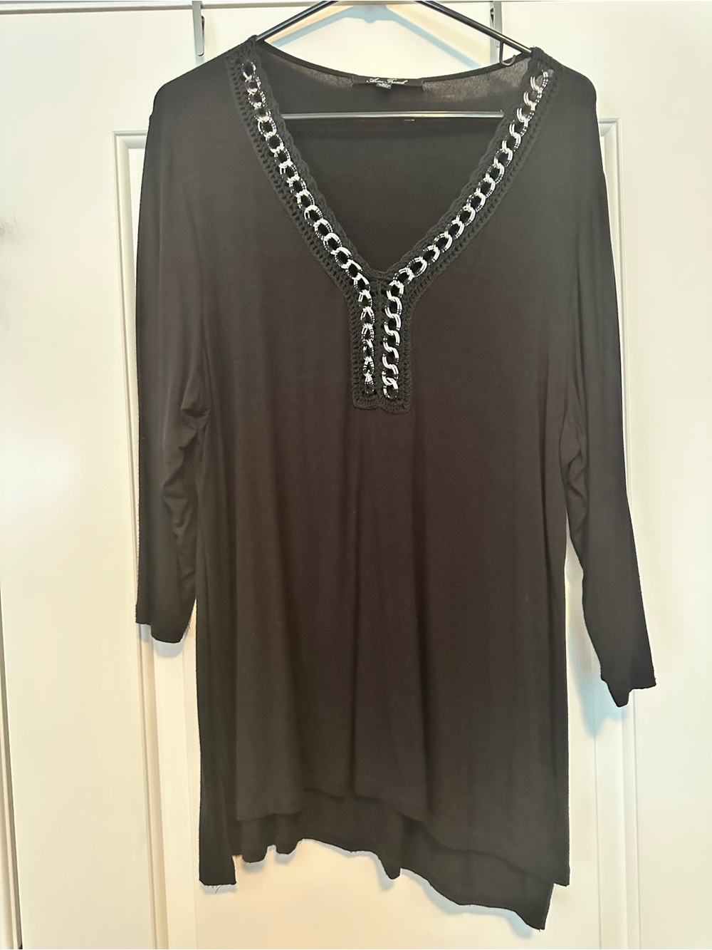 Anne French Black V-Neck Tunic with Silver Chain Trim - Women
